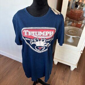 Lucky Brand Womens Triumph Motorcycle Short Sleeve Tee NWT Navy Blue Medium